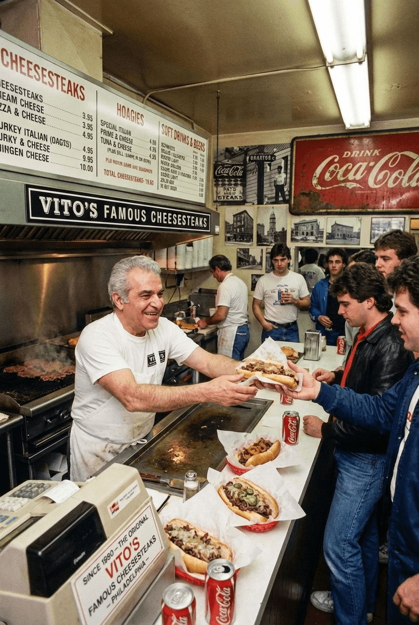 Historic photo of Vito's Famous Cheesesteaks cart on the streets of Philadelphia